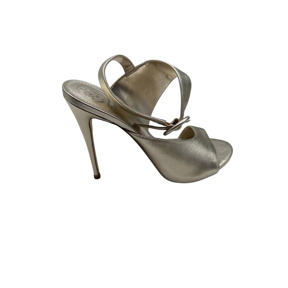 Guess Size  7.5 Gold Stylist Metallic Open-Toe Stiletto Heels Adjustable Straps - Picture 4 of 7